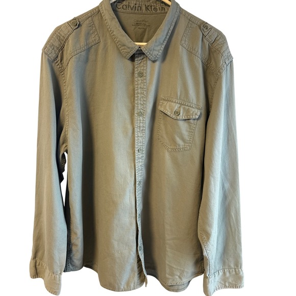 Calvin Klein Other - Calvin Klein Mens‎ XXL Olive Green Waffle Weave Military Epaulette Button Down